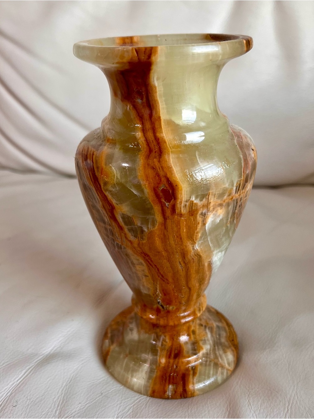 Handcrafted Onyx Vase in Green and Brown 8”